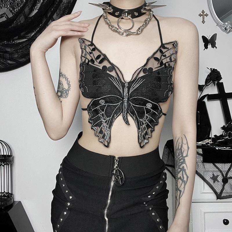 Butterfly pattern embroidery halter self tie backless crop top