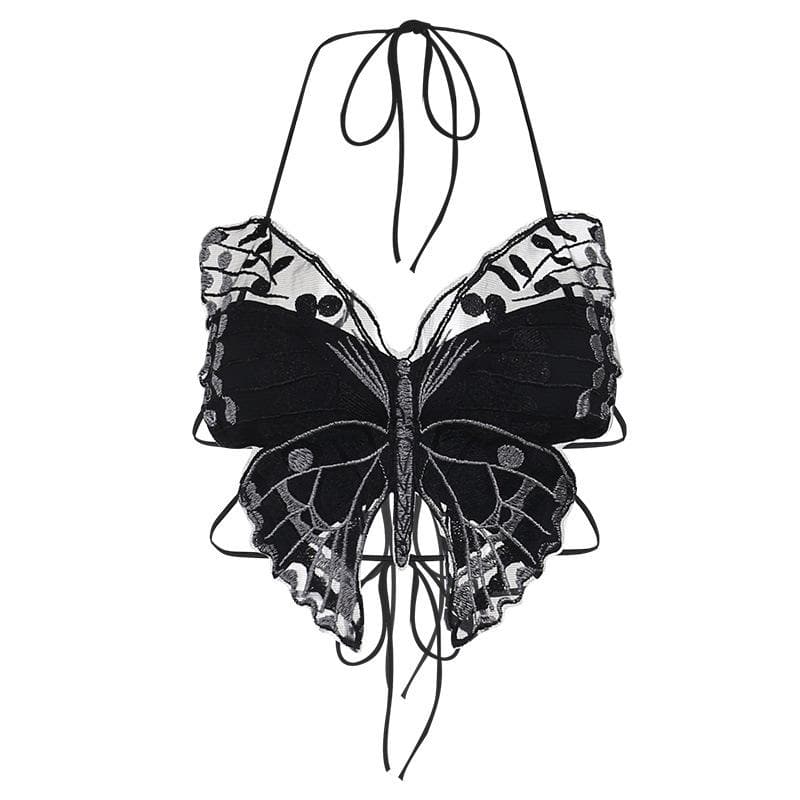 Butterfly pattern embroidery halter self tie backless crop top